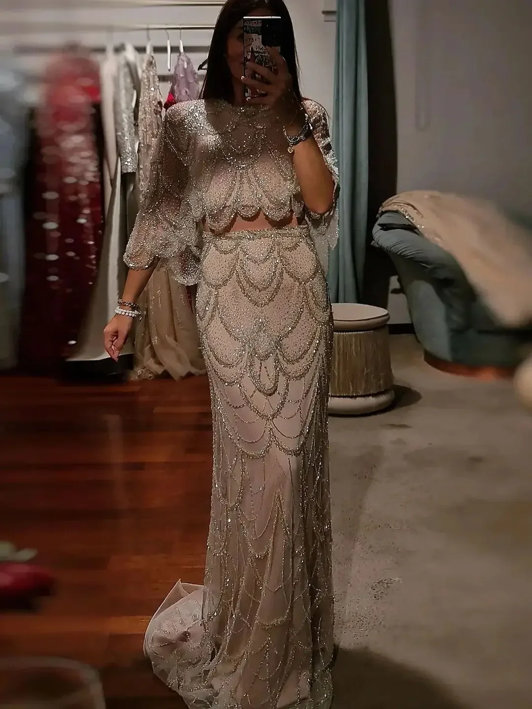 Sharon Said Luxuriöses Perlenbesetztes Dubai Nude Zweiteiliges Crop-Top Meerjungfrauen-Abendkleid mit Cape Arabisches Hochzeitskleid SS646 Maßanfertigung – Detail 5