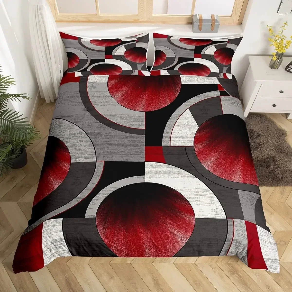 

Geometric Squares Duvet Cover Set Red Beige Circle Bedding Set,Modern Simple Style Comforter Cover,Abstract Art Quilt Cover King