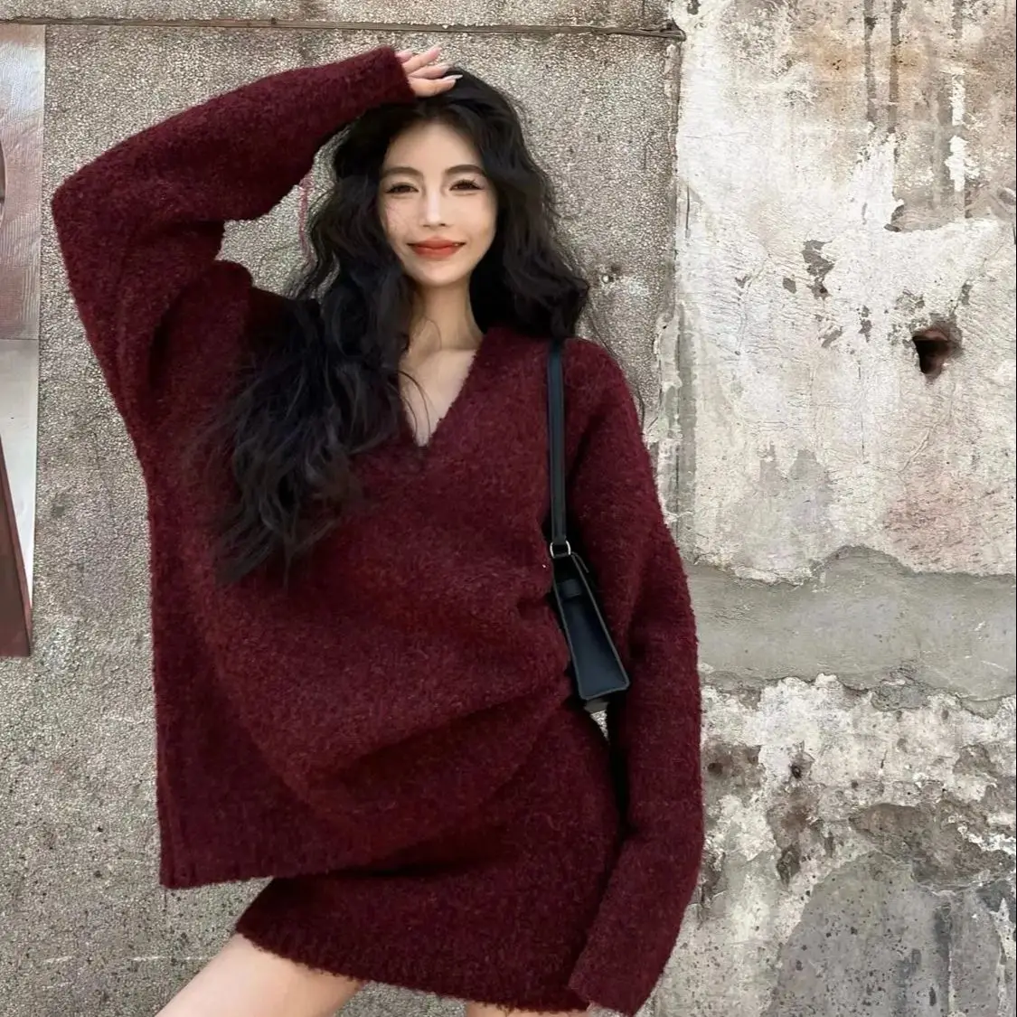 Knitted Long-Sleeved Pullover Mini Skirt Two-Piece Loose Street High-Waist Retro Tender Fashionable Temperament Versatile Suit