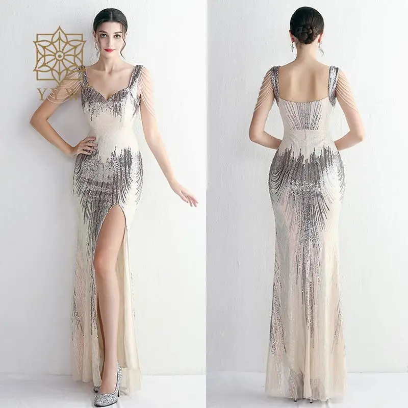 

Apricot Silver Sequin Long Evening Dress Slit Backless Club Cocktail Dress Queen Anne Neck Beads Women'S Dresses For Ceremonies