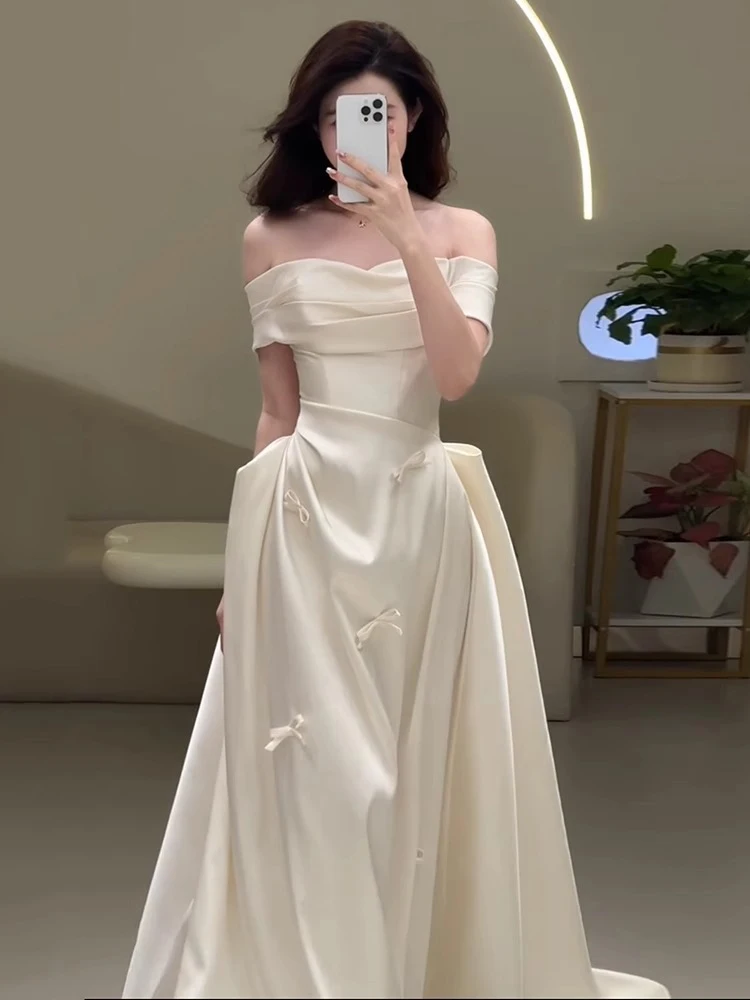 فستان زفاف فرنسي أنيق مثير خارج الكتف فستان زفاف عالي الخصر نحيف على شكل حرف a بفيونكة بيضاء فستان سهرة طويل للنساء #5