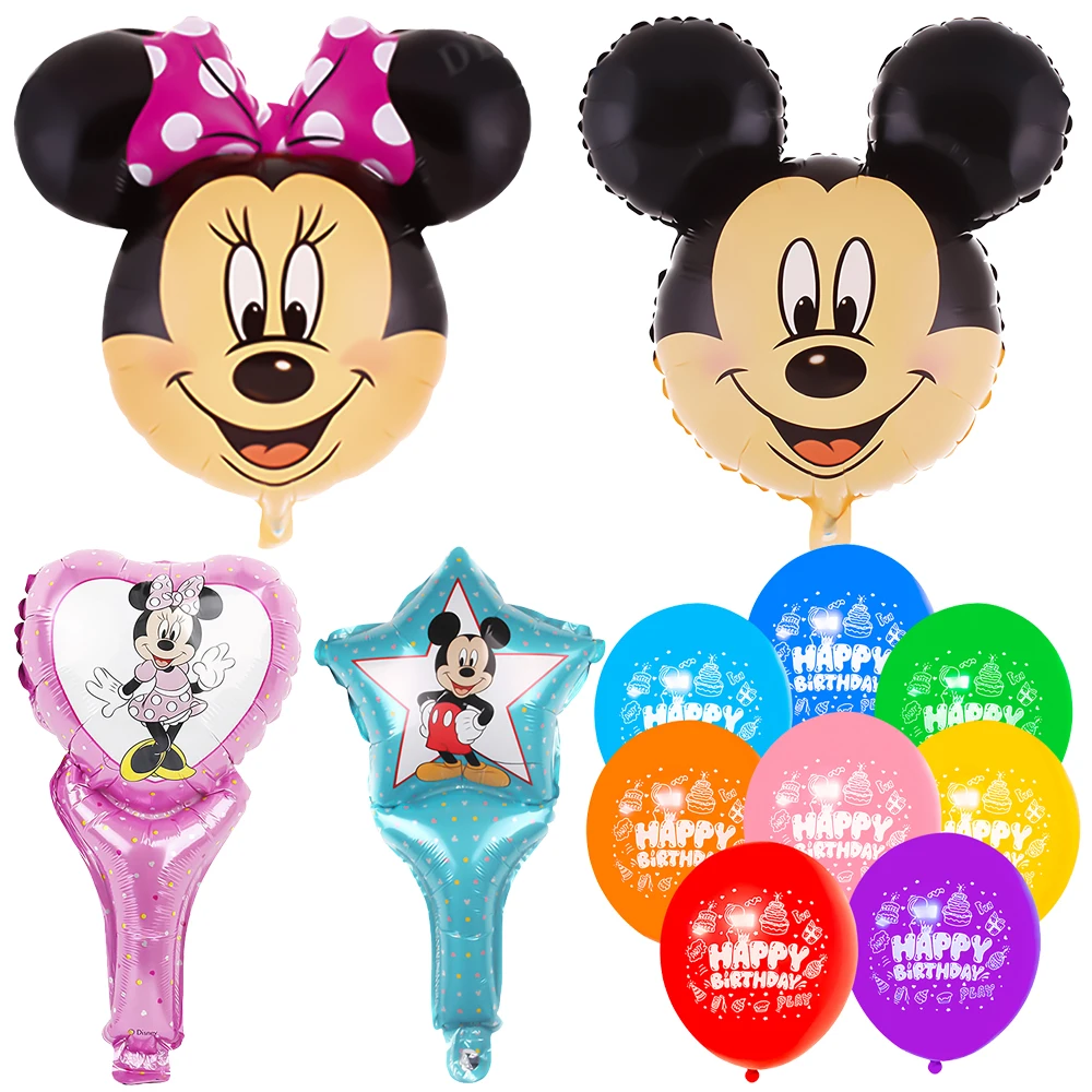 

Mickey Mouse And Minne Theme Colored Latex Happy Birthday Balloon Party Mickey Head Handheld Stick Metallic Balloon Baby Shower