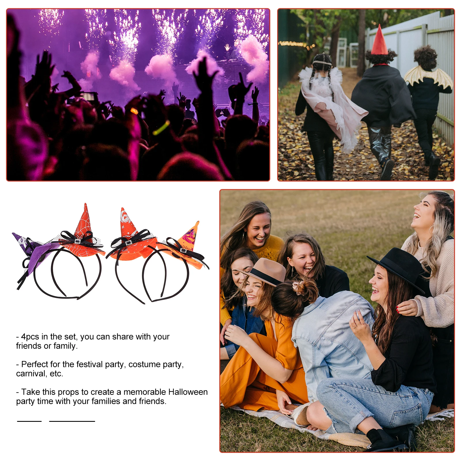 

4Pcs Halloween Witch Hat Hair Hoops Unique Festival Headdress for Costume Party Halloween Hair Hoop Festival Headdress