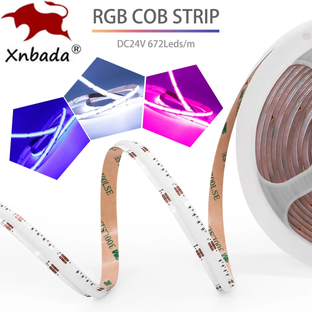 RGB COB LED Strip 24V 672LEDs/m Flexible High Bright Dotless Colorful FOB LED Tape Light Bar RA90 Dimmable for Indoor Room Decor