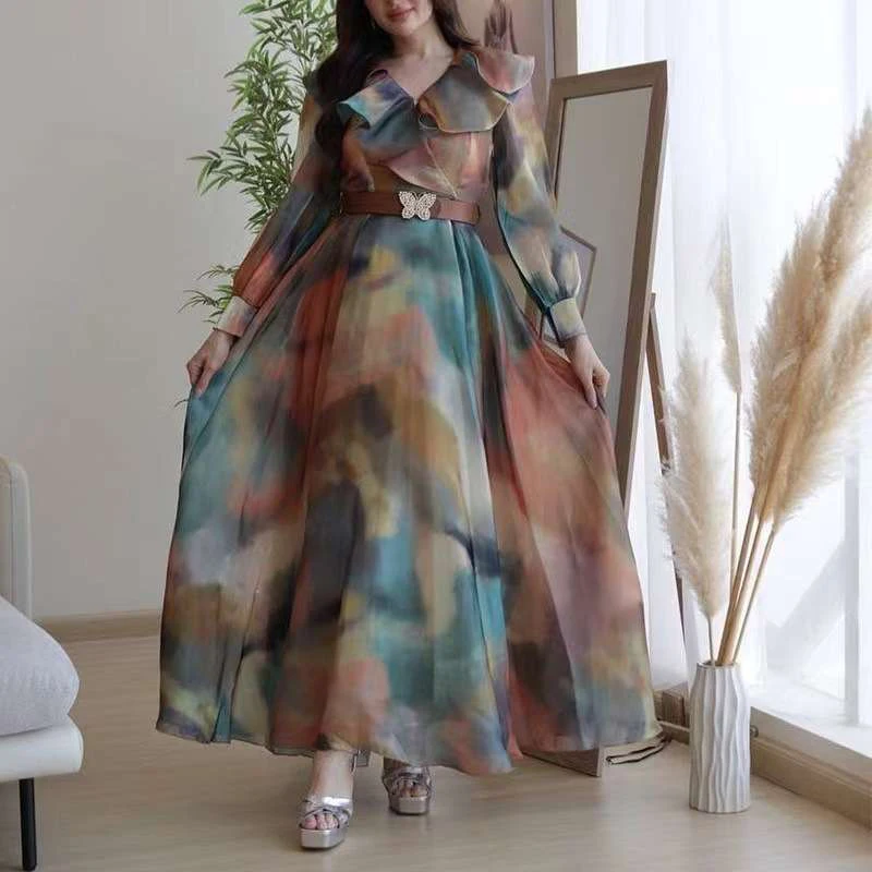 Elegant Floral Print A Line Dresses for Women V Neck Gauze Long Sleeve Pleated Bohemian Party Dress New Autumn Office Dresses