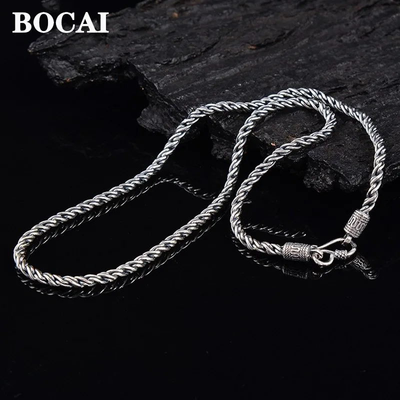 

BOCAI S925 Sterling Silver 3mm Hand Woven Fried Dough Twists Pattern Versatile Clavicle Chain Fashionable Men and Women Necklace