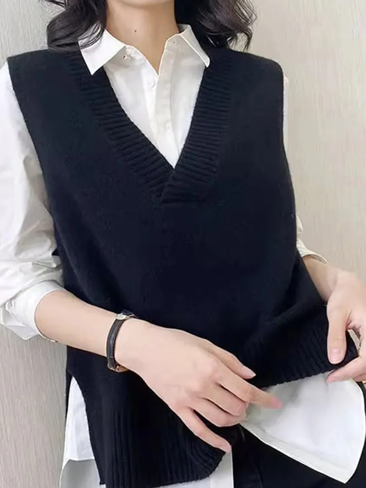 편안한 니트 V 넥 민소매 조끼 캐주얼 루즈핏 솔리드 컬러 스타일 연령을 초월하는 세련된 레이어링 탑