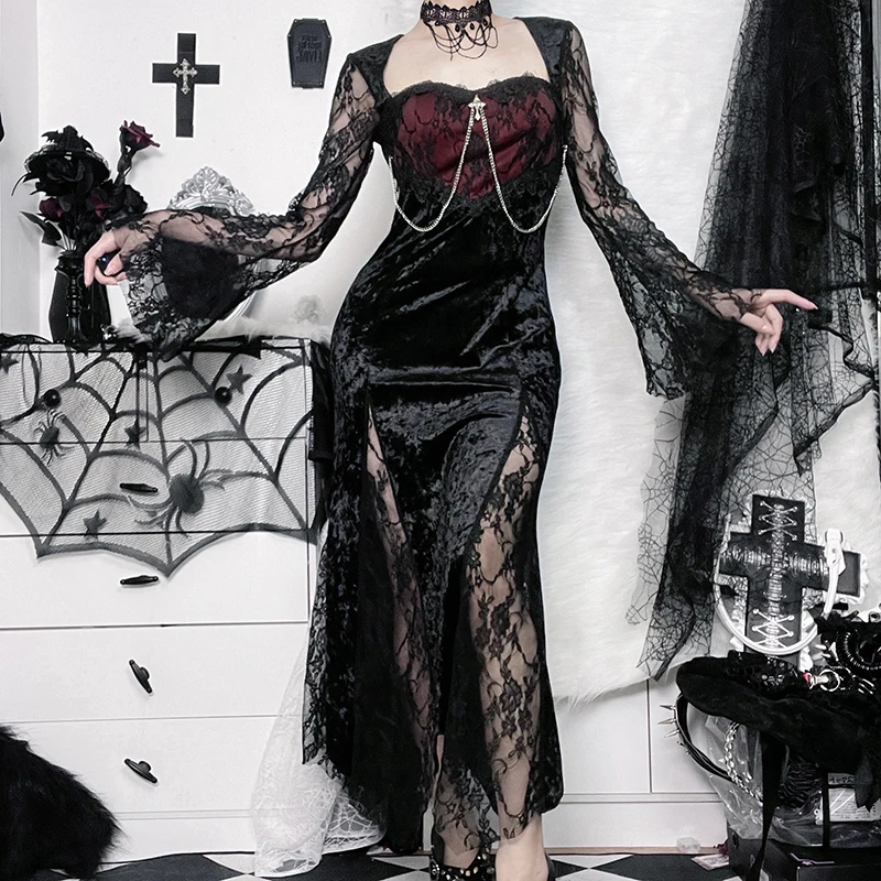 Sexy Elegant Lace Flared Long Sleeve High Split Maxi Dresses Vintage Black Velvet Chain Patchwork Bodycon Long Dress Grunge Robe
