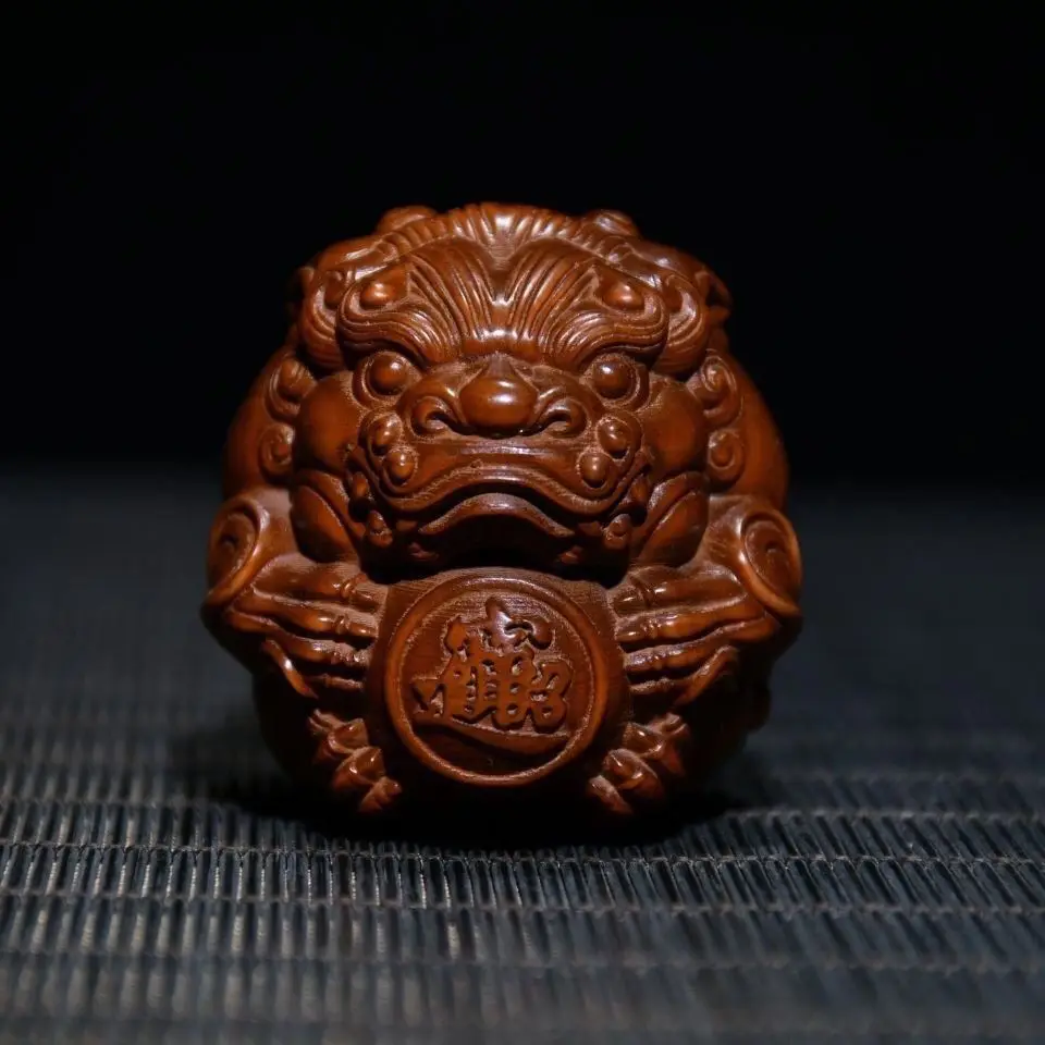 Hand Carved Wood Pixiu holding the ball Statue Figurine Desktop Ornaments Home Decoration
