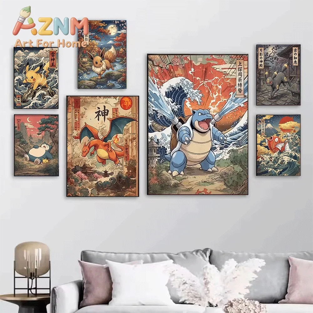 Pokemon Gengar Canvas Painting Unframed Vintage Japanese Ukiyo-e Style Anime Monster Wall Art Poster for Home Interior Decor