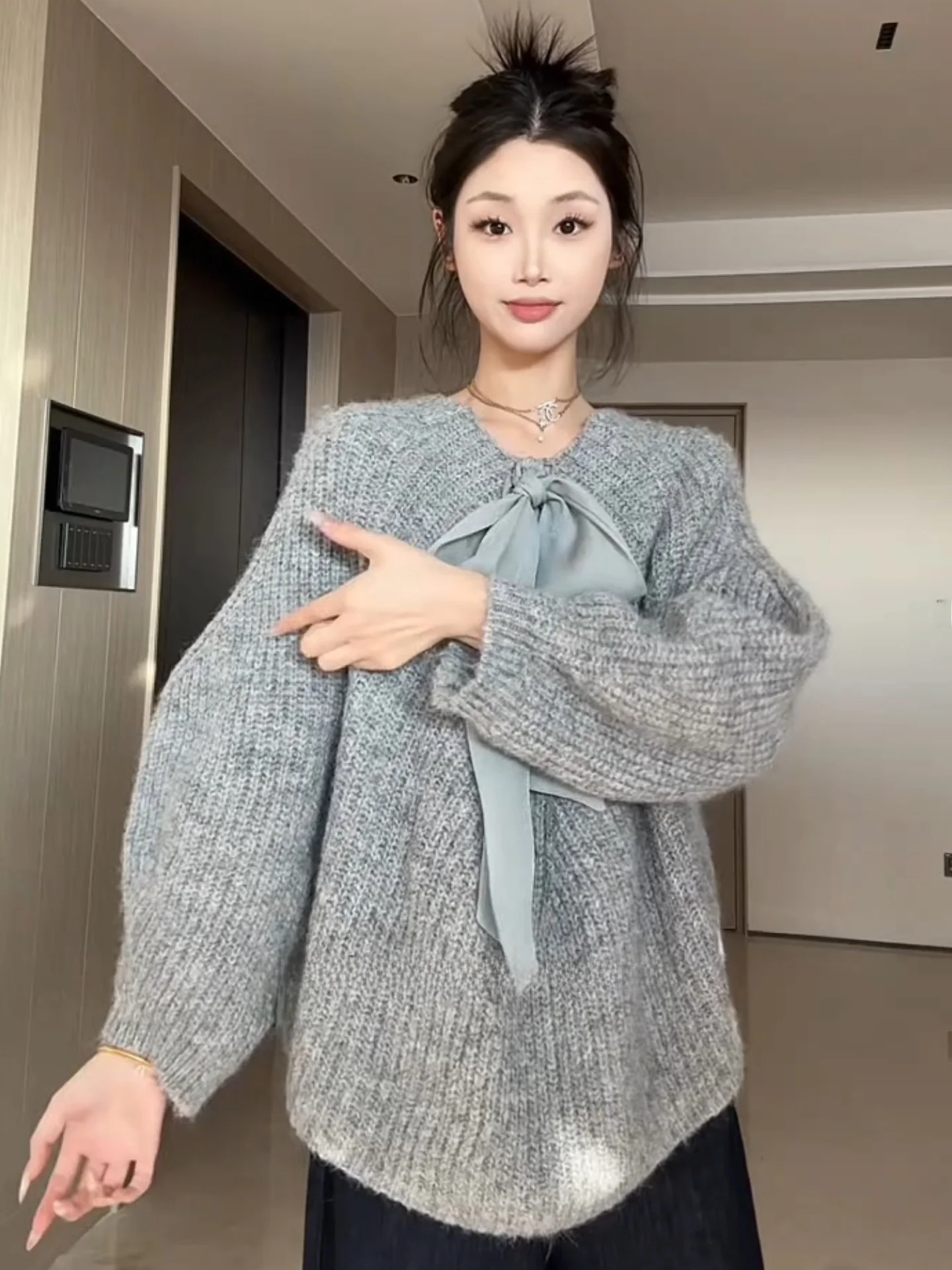 فتاة غنية Sle محبوك سترة المرأة الخريف الشتاء فضفاضة كسول أعلى عقدة التعادل ثي نسج الدفء انبعاث طويل Sve