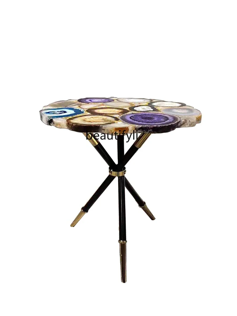 Dining Table Villa Natural Agate Negotiation Table and Chair Combination Coffee Table Stainless Steel round