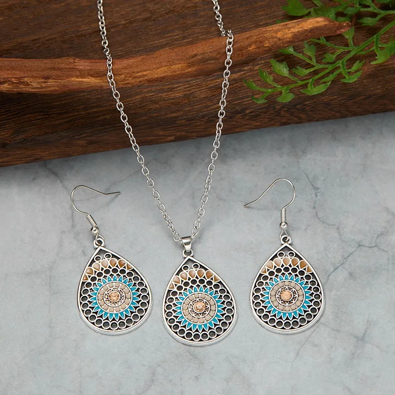 Fashion Imitation Turquoise Crystal Retro Country Style Hollow Flower Earring Necklace Jewellery Set Women's Wedding Accessories