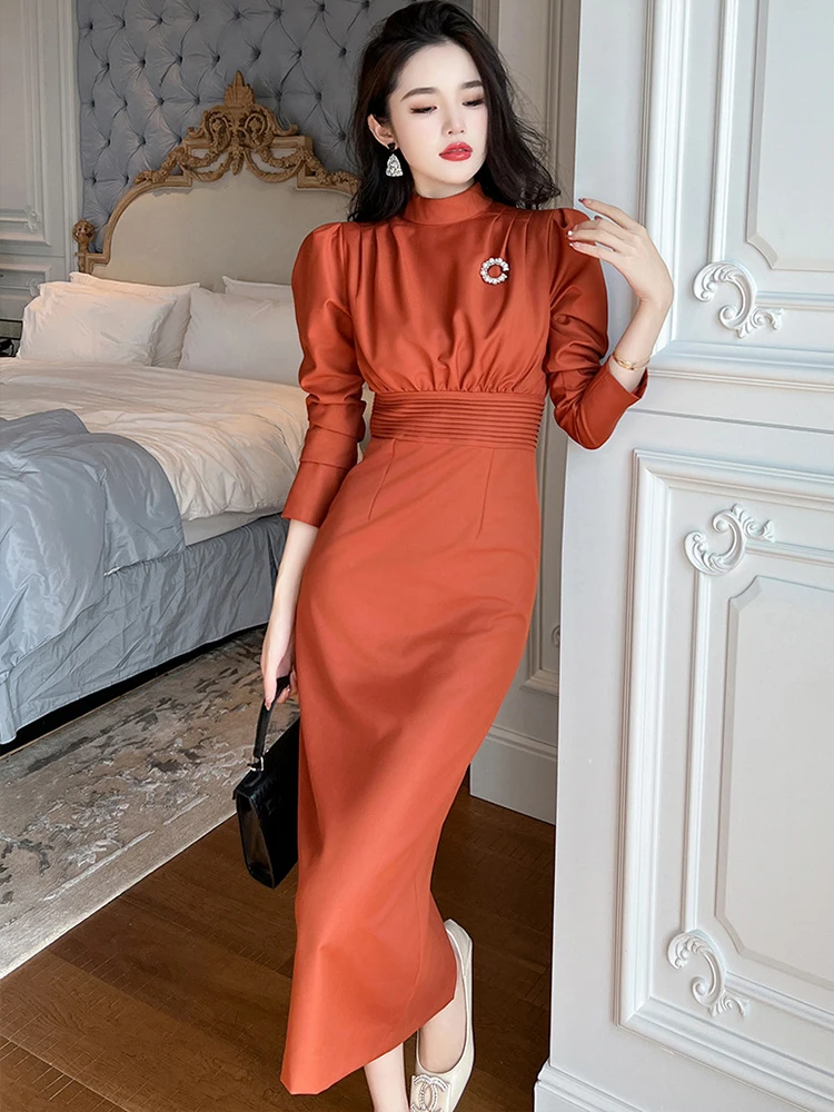 Spring Autumn Solid Formal Work Style Long Wrap Hip Dress Women Elegant  Office Commute Puff Sleeve Slim Midi Robe Mujer Vestidos - AliExpress  200000345