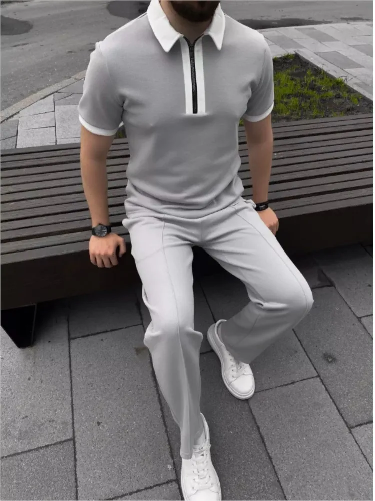 Spring Autumn men's Sets 2pcs T Shirts Pants Suit business Outfits 2025 Half zip lapel PoLo Aesthetic Clothes Men Tracksuit