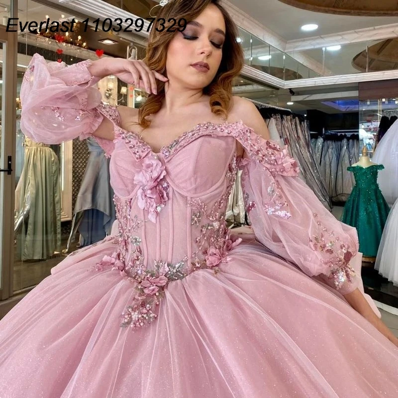 EVLAST abito Quinceanera rosa abito da ballo 3D Applique floreale perline corsetto manica staccabile dolce 16 Vestido De 15 Anos TQD600