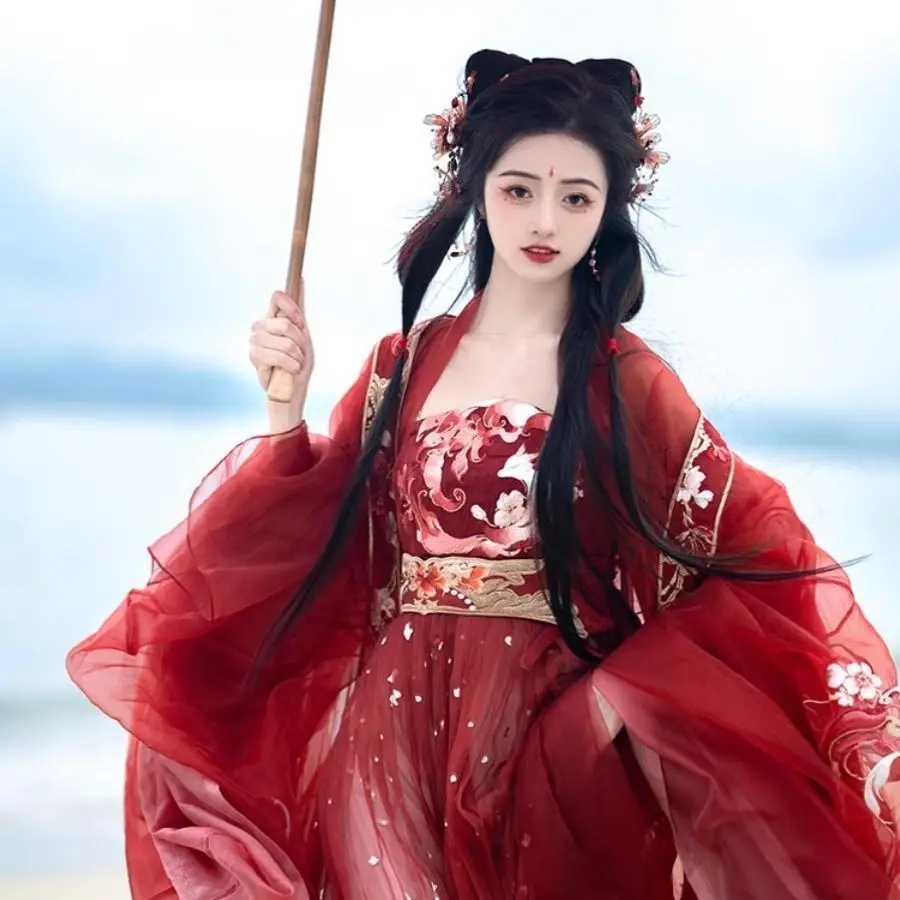 Elegant Fairy Hanfu Women Floral Embroidery Sheer Chiffon Wide Sleeve Overshirt Ancient Chinese Cosplay Long Flowy Maxi Dress view 2