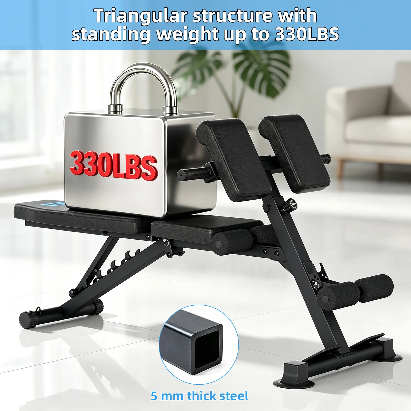 Compact Heavy Duty Adjustable Weight Bench, 330LBS User Load Bearing, 5mm Steel Triangular Design for Indoor Home Gym Exercise