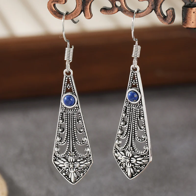 Vintage Ethno-Stil Hängeohrringe für Frauen, Hohlgeschnitzte Eingelegte Türkis-Ohrringe, Bohemian-Stil Schmuck