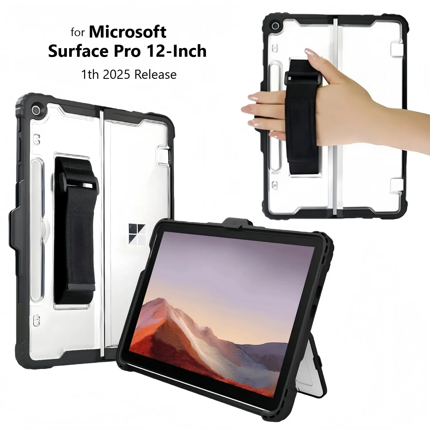 

Для Microsoft Surface Pro 12 дюймов, сверхпрочный противоударный чехол + ремешок для ручки, слот для ручки, подходит для оригинальной клавиатуры