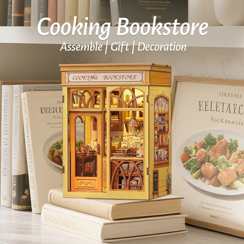 Cutebee DIY Mini Holzpuppenhaus mit LED-Licht Puppenhaus Kochen Buchhandlung für City Walk Serie DIY
