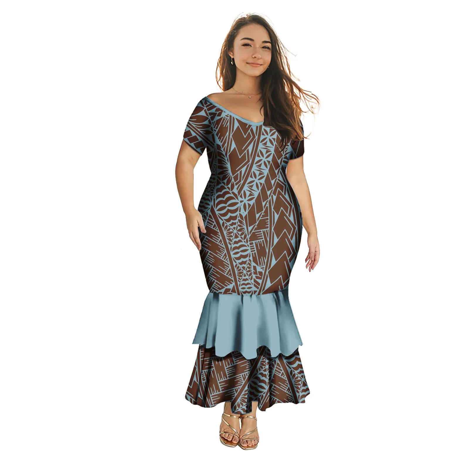 Custom Island Mermaid Dress Sexy Elegant Ladies Plus Size Beach Prom Big V-Neck Women's Floral Print Tribal Design Samoan Dress