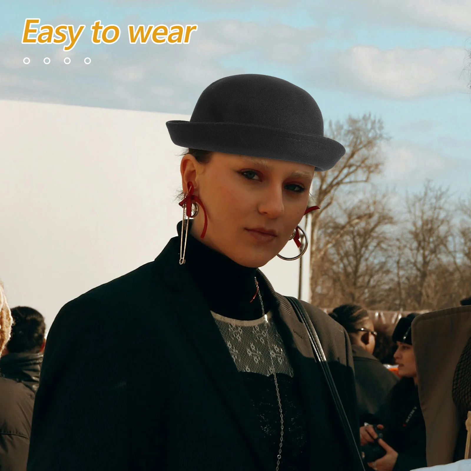 

Woolen Dome Hat Black For Women Roll-Up Brim Winter Lady Bowler Breathable Warm Cap Suitable For Daily Party Hats