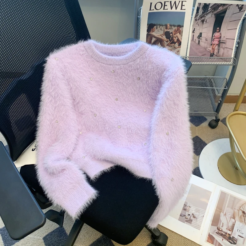 Women O-Neck Sweet Long Sleeve Sweater Autumn Winter Temperament Age Reduction Loose Appear Thin Design Sense Plush Top 2024 New