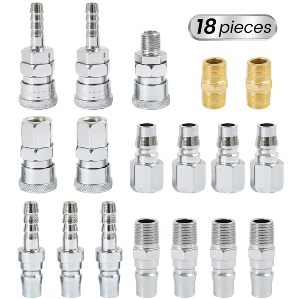 18Pcs Pneumatic Quick Connectors For Nitto Air Hose Fittings Male Female Barb Coupler Compressor Tool Accessories Silver