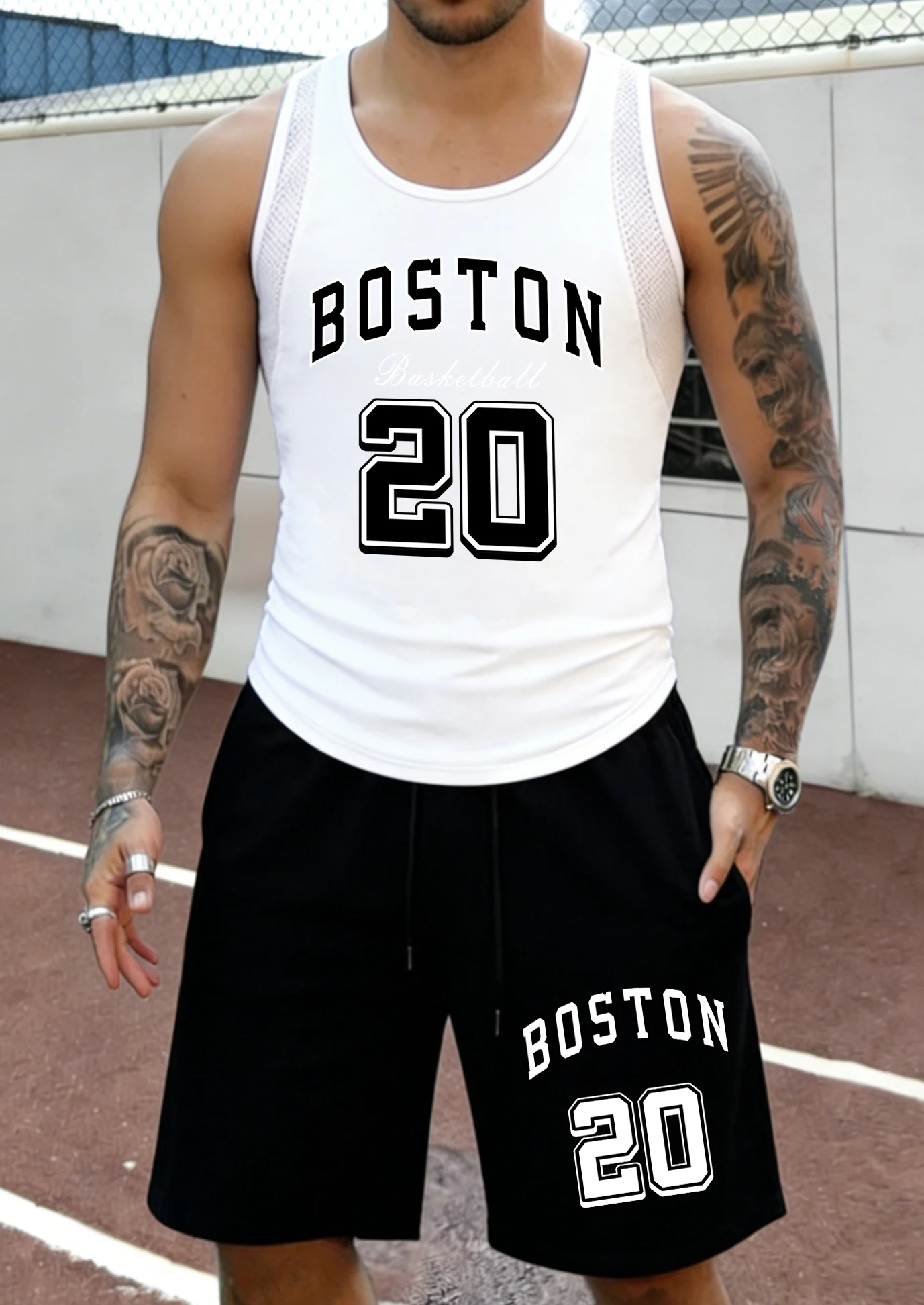 

Boston 20 Green Art Letter Print Summer Lightweight Tank Top Sets Of Men Loose Commute Pants Soft Mesh Vest Casual Comfy Shorts