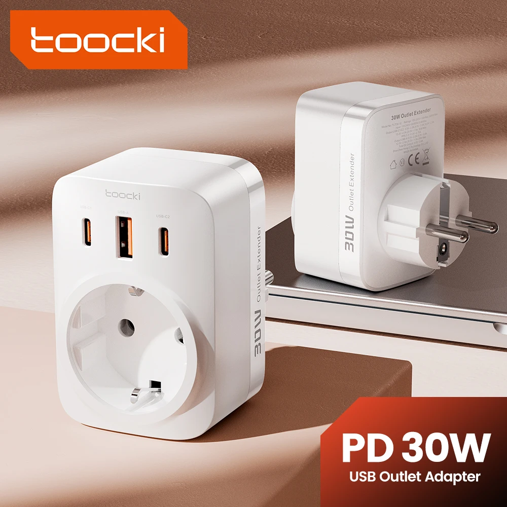 Toocki 30W GaN Charger Power Strip With AC Outlet Wall Socket PPS PD Fast Charging USB Type C Charger for iPhone 15 14 Samsung