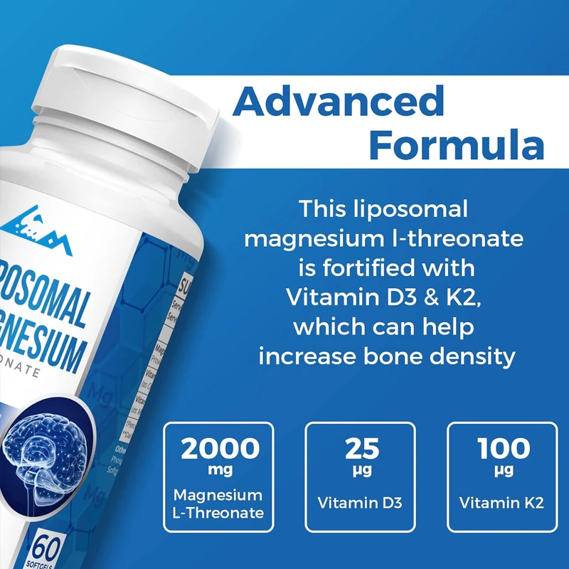Liposomal magnesium L-Threonate 2000mg - containing vitamin D3 and K2, suitable for bones and muscles