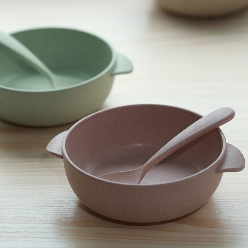 طقم أوعية من قش القمح وعصا تناول الطعام ، وعاء وملعقة منزلية ، أواني مائدة إبداعية للأطفال ، مضادة للسقوط