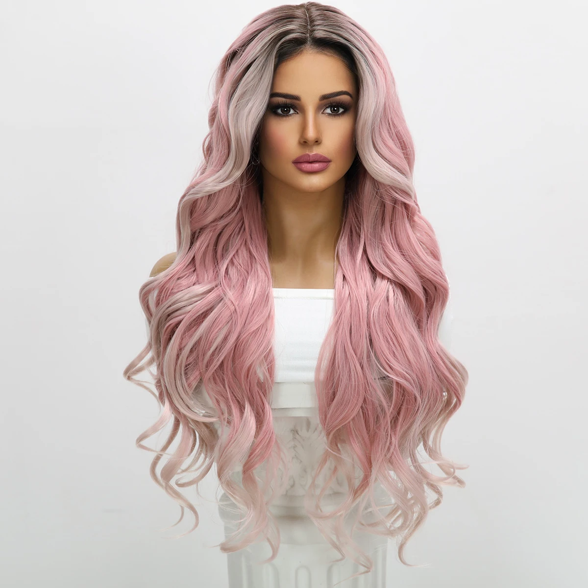 Peruca longa de cabelo encaracolado para mulheres, ondas grandes, cor rosa, branco natural, divisão central