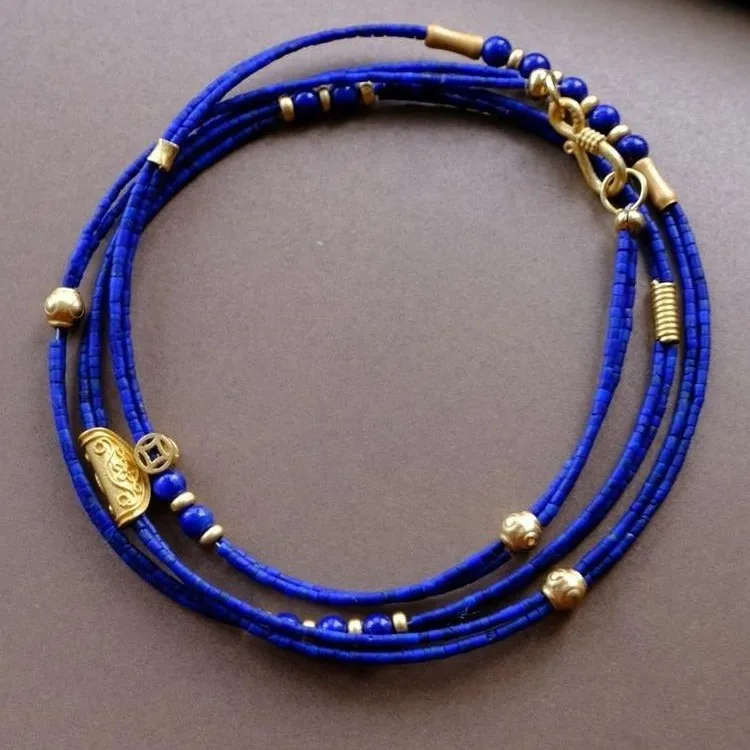 Natural Lapis Lazuli Small Round Beads Multi Wrap Bracelet Necklace 2 In 1 Design Women Stackable Crystal Energy Jewelry Gift