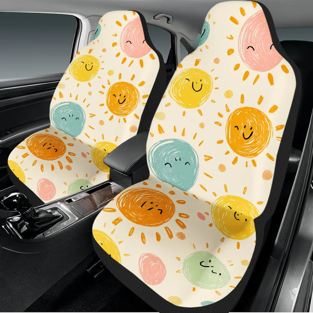2pcs Sunny Smiley Faces Designed Universal Car Seat Cover Set | Trendy, High-Quality, Durable Polyester Seat Protectors, Univers