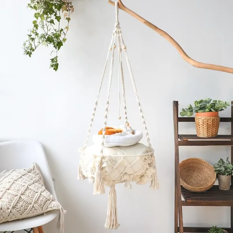 Pet Hammock Cat Swing Hand Woven Cotton Rope Cats Hanging Basket  Kitten Hanging String Den Indoor Pend Nest Pet Supplies