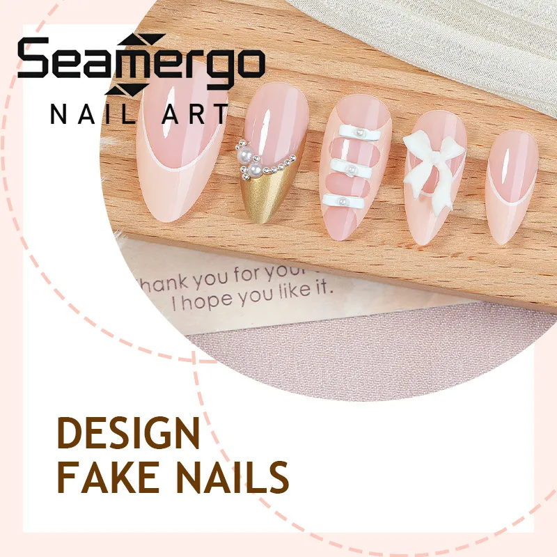 

24PCS Nude Pink White Almond Fake Nails with 3D Bow Pearl Gold Press on Nails French Tip Sweet Elegant Bridal Nail Art Manicure