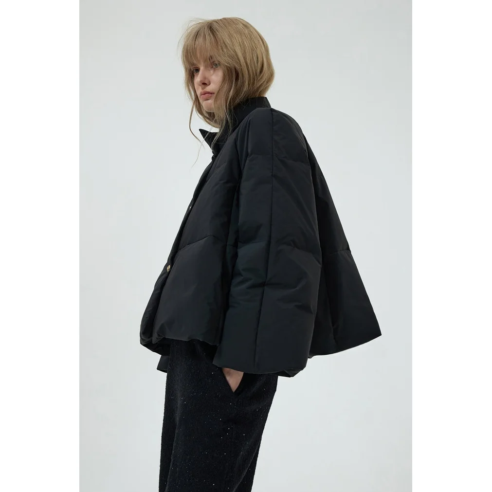 Casaco de Inverno F Versátil com Gola Alta e Botões, Jaqueta de Plumas de Ganso Espada, Manga Longa, Cor Sólida