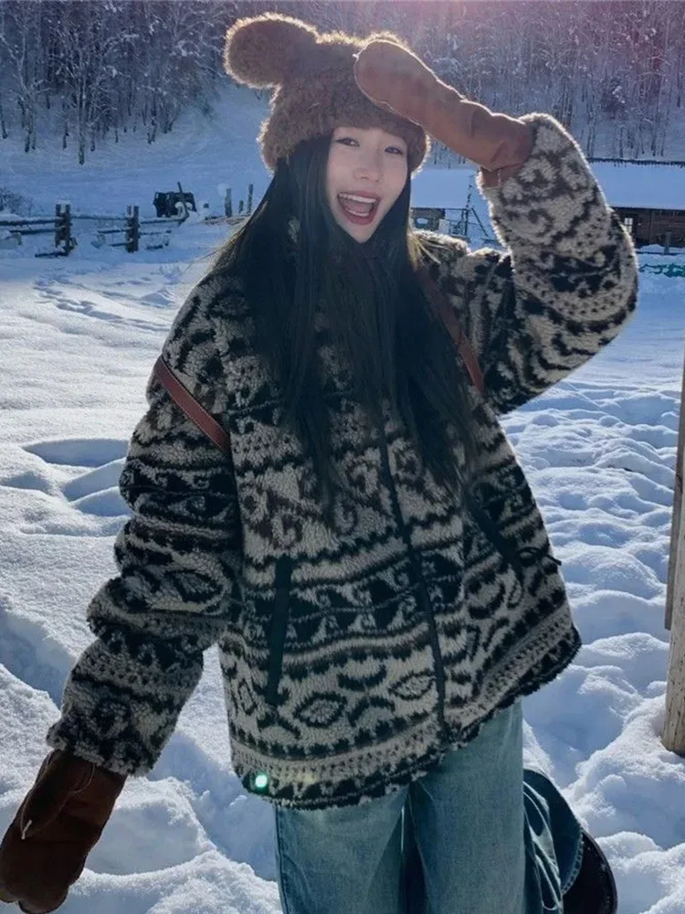 

Print Harajuku Faux Lamb Coat Women Vintage Loose Stand Collar Winter Warm Jacket Retro American Long Sleeve Casual Y2K Outwear