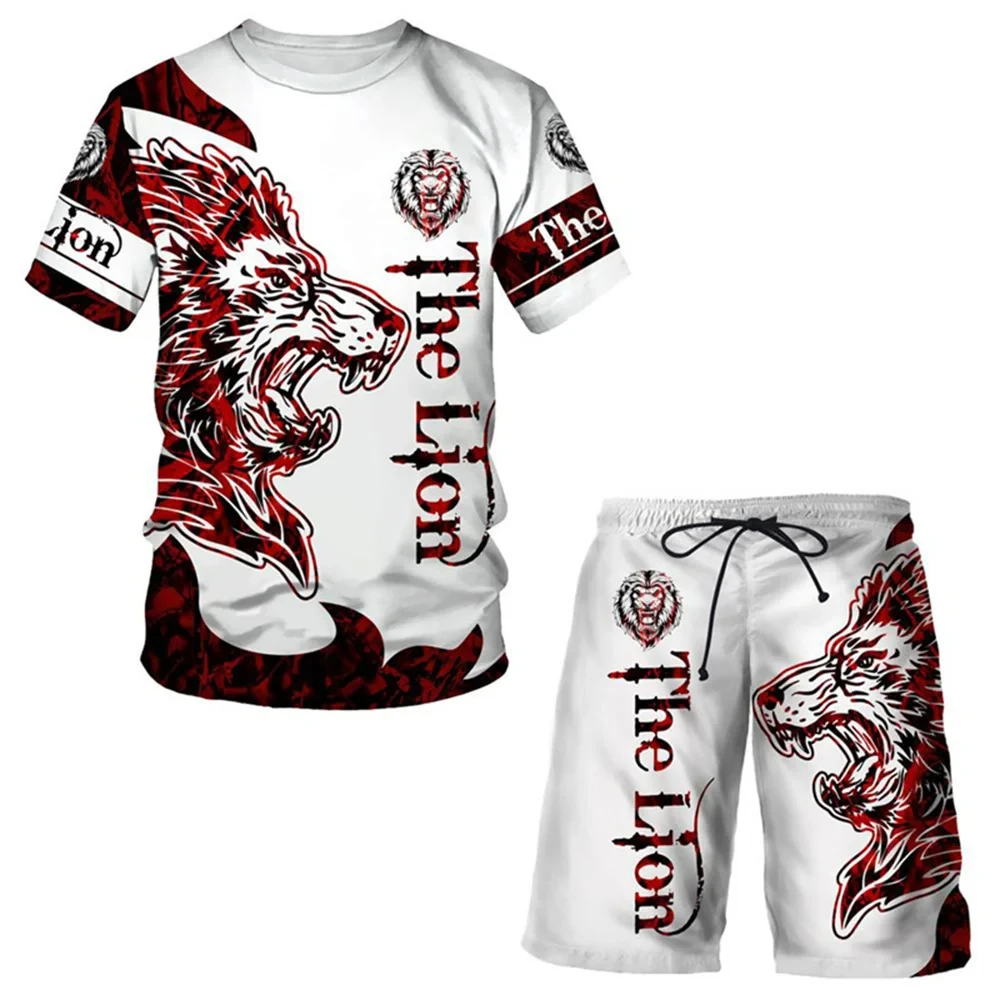 Summer Men\'s T-shirt Set Sportswear Cool Lion 3d Printed Short Sleeve Shorts 2 Piece Set Fashion Casual Sportswear Plus Size