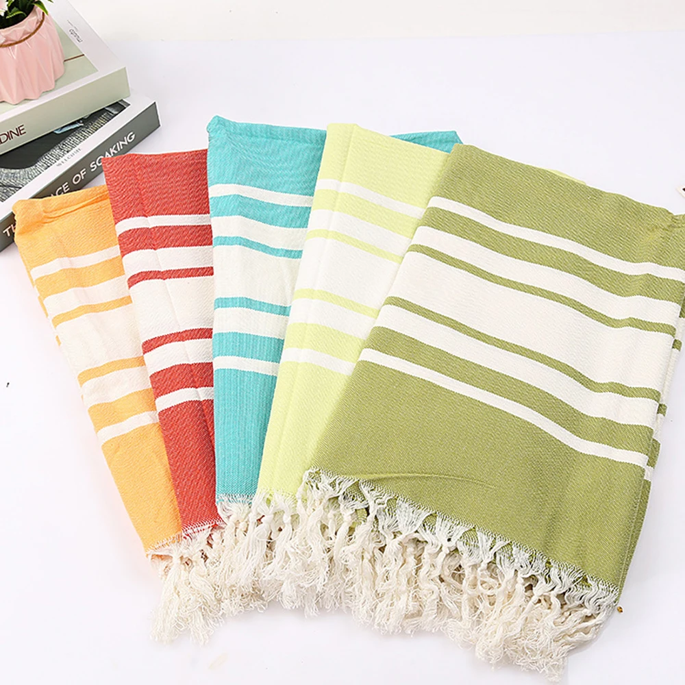 Turkish Cotton and Linen Beach Towel Tassel Bath Towel Striped Plain Beach Towel Quick-Drying Towel Holiday Cape 100X180Cm