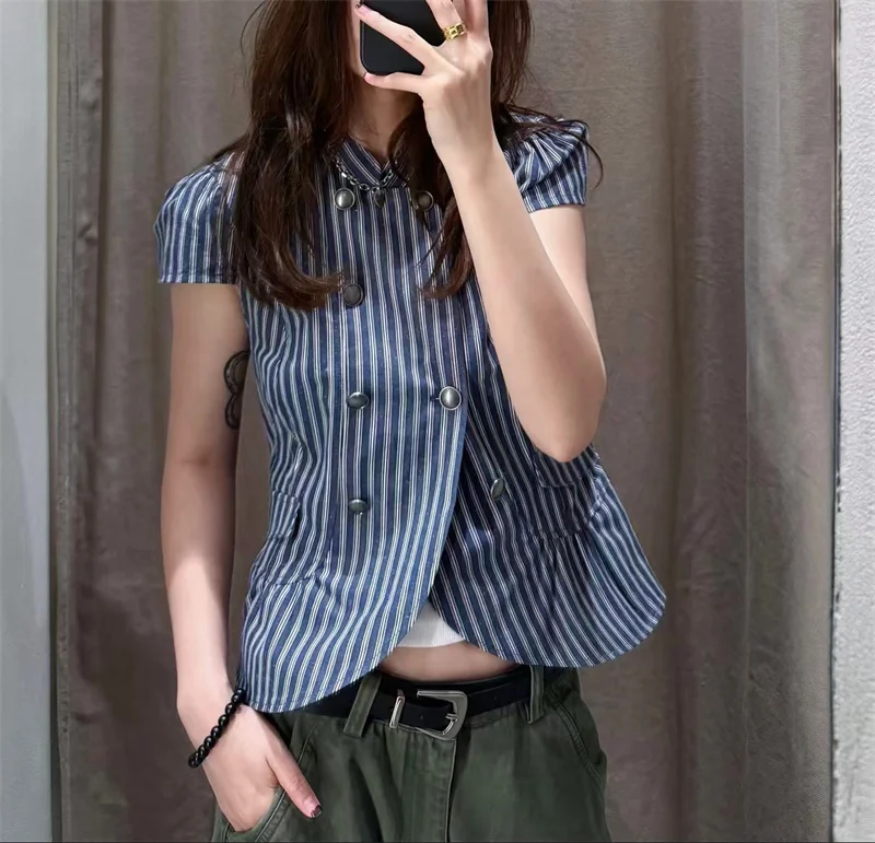 Guobioziy 2026 Women's Summer New Top Navy Blue Striped Short-Sleeve Double-Breasted Jacket Commuter Fashion Trendy Style