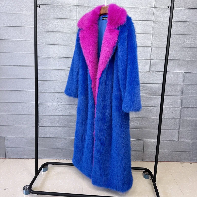 Lange Faux Pelzmantel Frauen Herbst Winter Große Jacke Mantel Y2k Pelzigen Blauen Taschen Lose Dicken Mantel Warme Jacken Maxi Mäntel