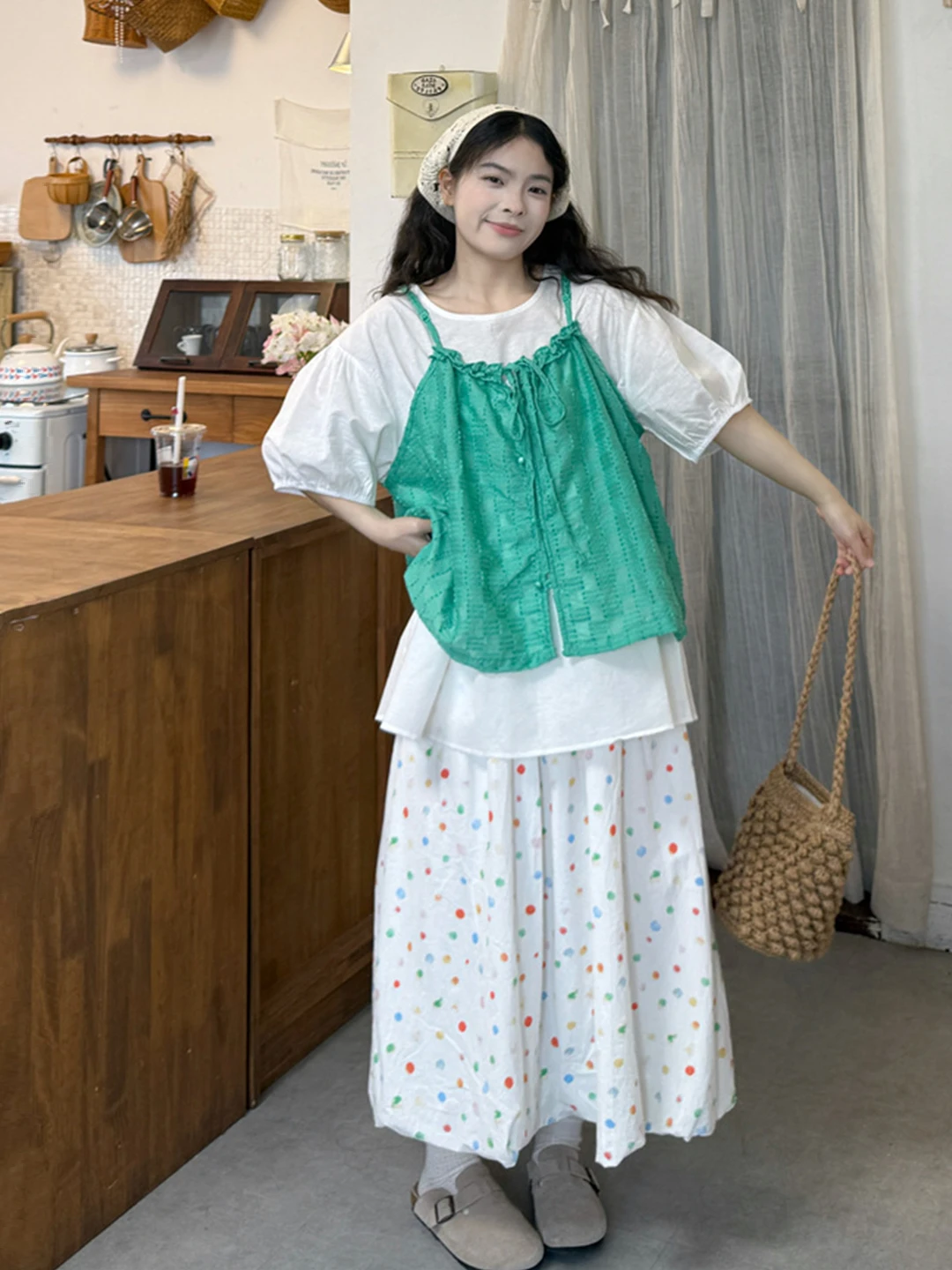 

plus Size Women's Summer Shirt Strap Bubble Sleeve A-Line Skirt Three-Piece Set Slimming Gentle Style Korean Loose Fit Casual