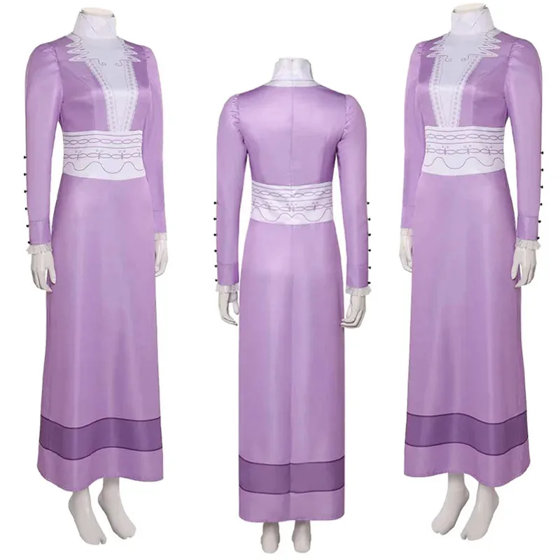 映画のキャラクター、ルシルは紫色のドレス、ハロウィーンのコスチューム、ロングスカート、女の子のホリデーパーティーの衣装で女性の役を演じています。