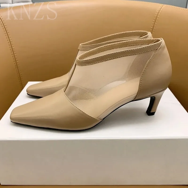 

Ladies Ankle Spring Summer Boots Kitten Heel Nude Black Mesh Brethable Dress Shoe Genuine Leather Designer Mules Beige New