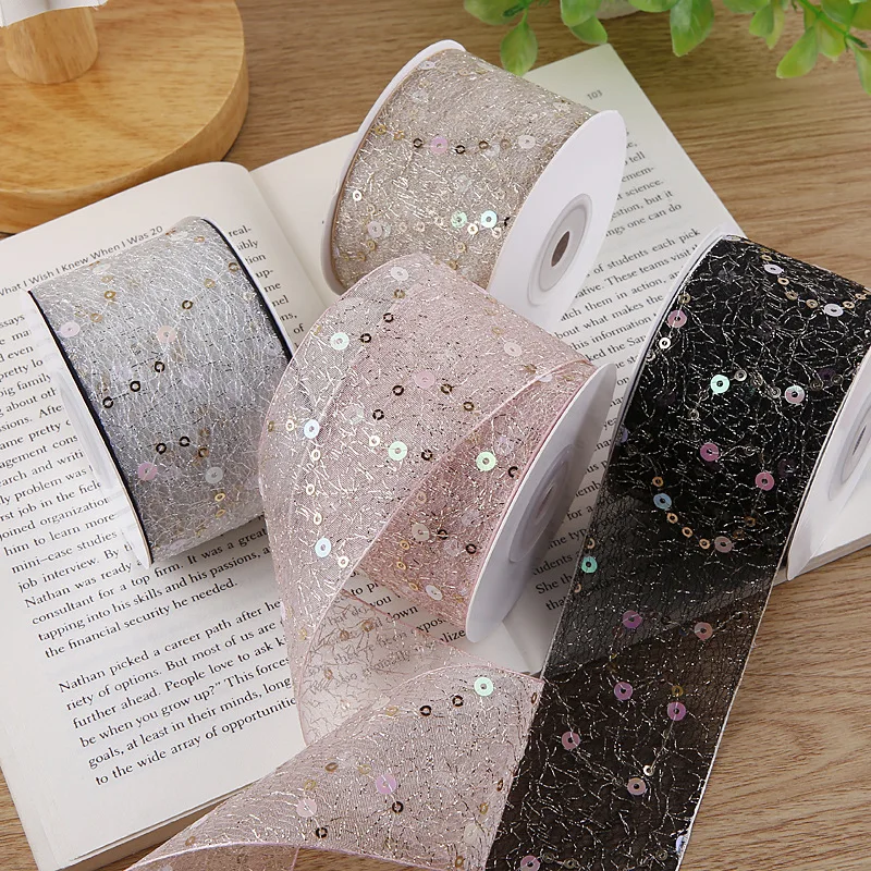 

10 Yards 50MM Sequin Jacquard Lace Chiffon Bows Ribbon Hair DIY Handmade HeadwearMaterial Crafts Accessories Gift Wrapping