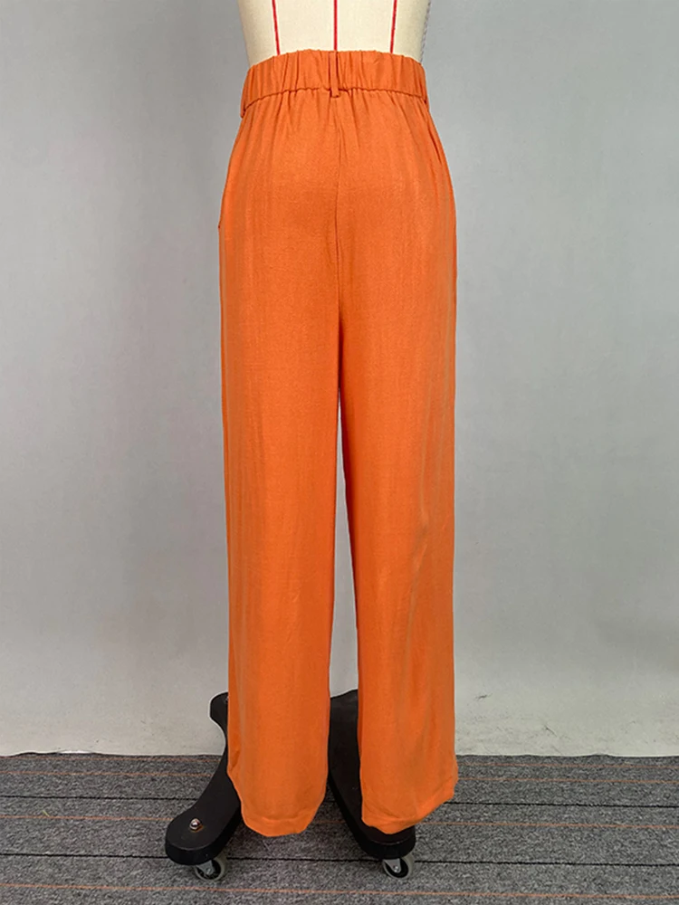 Beautyblue-pantalones de cintura alta para mujer, Pantalón recto de pierna ancha, informales, holgados, con bolsillos, color naranja, elegantes, para oficina