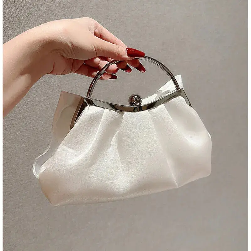 White Satin Bow Fairy Evening Bags Clutch Metal Handle Handbags for Women Wedding Party Bridal Clutches Purse Chain Shoulder Bag